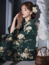【予約 / 5月下旬発送予定】濃緑とベージュの花浴衣 OBI-siwa-200-kj-13-OW / HIMO-900-yn-3-GYxGD / HEKO-800-sb-5-W / YA-1023-wk-IV / GETA-02-ok-2-IV / [y/YMT]