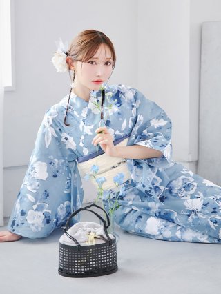 サックスブルーレトロフラワー浴衣