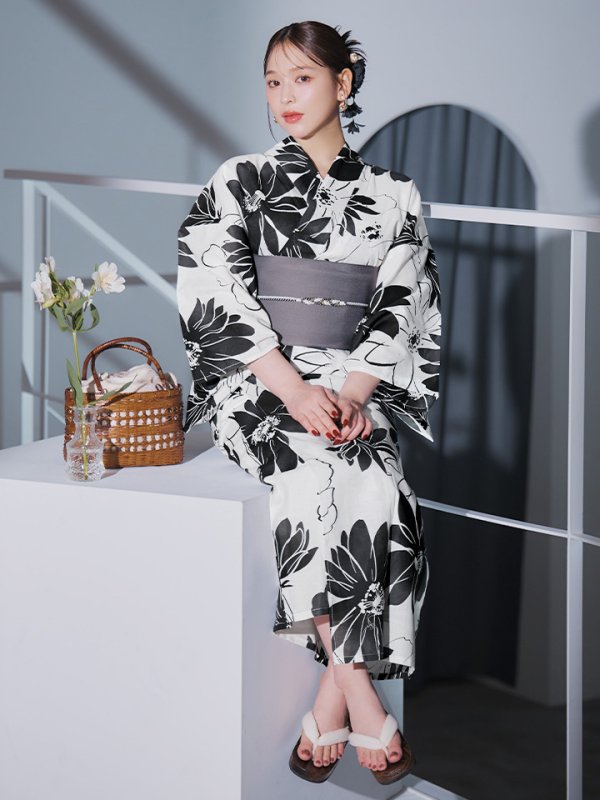 画像24: 【即日発送】モノトーンフラワーレトロモダン浴衣【浴衣３点セット 浴衣/帯/下駄】[YMT]