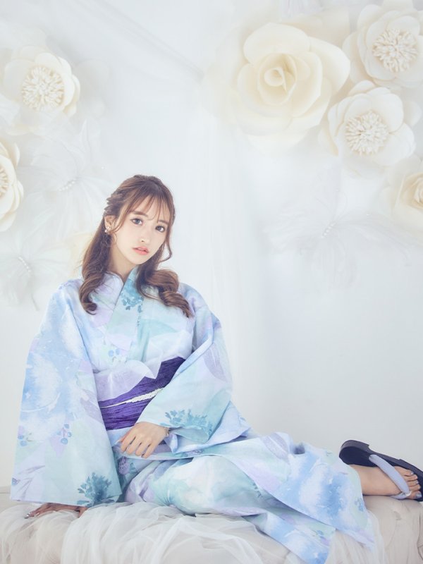 画像2: ブルーミントの水彩浴衣【浴衣３点セット 浴衣/帯/下駄】OBI-g-500-kj-10-BL / HIMO-900-yn-5-IV / HEKO-800-sb-5-W /GETA-01-kj-2-BL / [YMT]