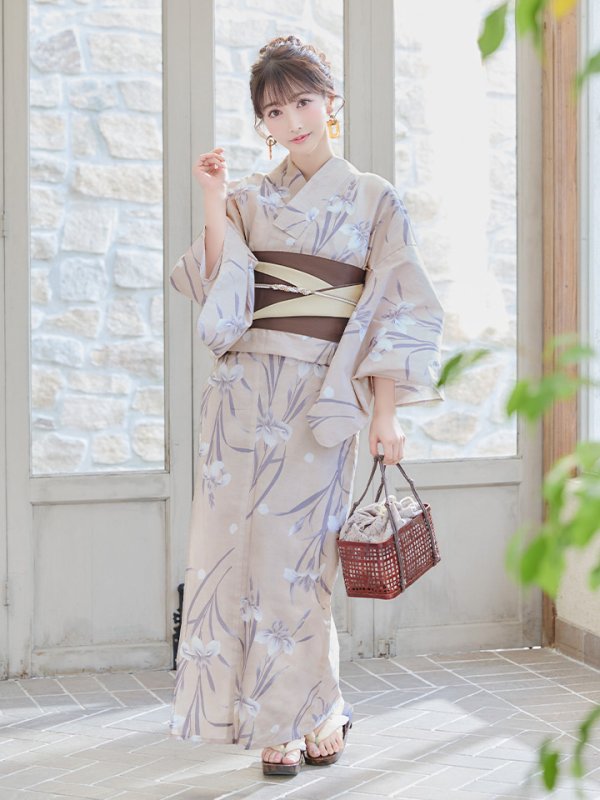 画像4: 【即日発送】ベージュ地×水仙の花浴衣 【浴衣３点セット 浴衣/帯/下駄】[YMT]