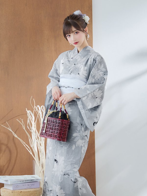 画像1: 【即日発送】グレー水墨風ダリア浴衣【浴衣３点セット 浴衣/帯/下駄】OBI-siwa-200-kj-6-W / HIMO-900-yn-4-GYxGY / HEKO-800-sb-5-WH / YA-72-kn-Y / YA-74-kn-LGY / GETA-01-kj-3-IV / [YMT]