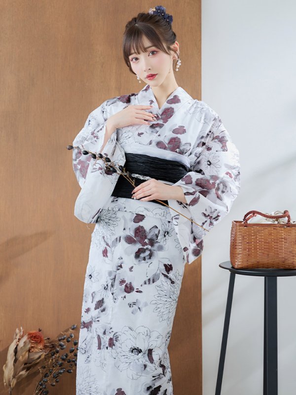 画像1: 【即日発送】ニュアンスモノトーンフラワー浴衣 OBI-siwa-200-kj-1-B / HIMO-900-yn-4-GYxGY / HEKO-800-sb-5-WH / YA-73-kn-GY / GETA-01-kj-3-IV/ [YMT]