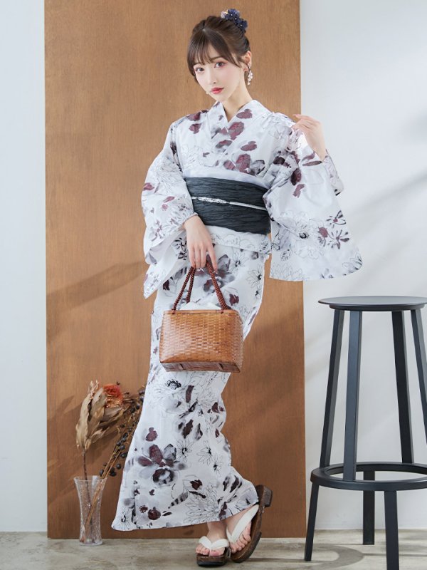 画像2: 【即日発送】ニュアンスモノトーンフラワー浴衣 OBI-siwa-200-kj-1-B / HIMO-900-yn-4-GYxGY / HEKO-800-sb-5-WH / YA-73-kn-GY / GETA-01-kj-3-IV/ [YMT]