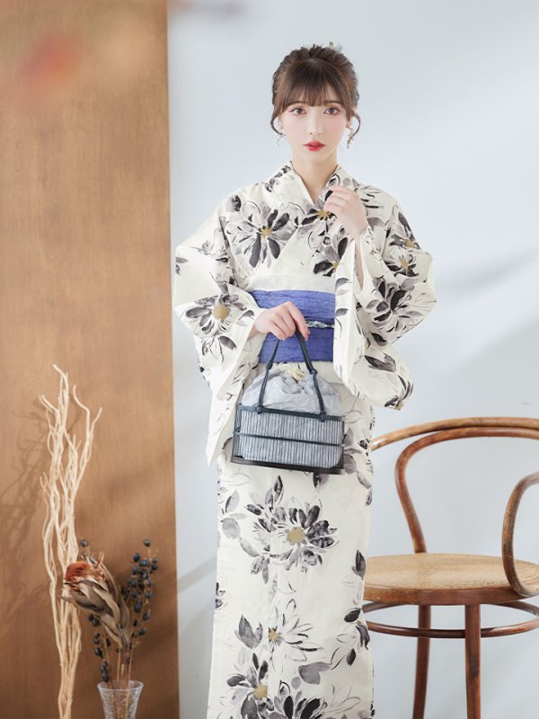 画像15: 【即日発送】水彩風モノトーンフラワー浴衣【浴衣３点セット 浴衣/帯/下駄】[YMT]