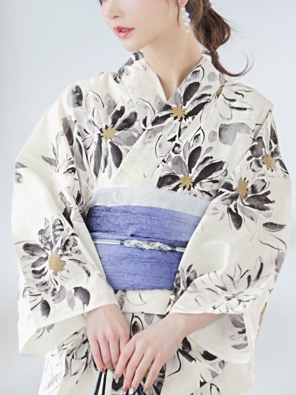 画像18: 【即日発送】水彩風モノトーンフラワー浴衣【浴衣３点セット 浴衣/帯/下駄】[YMT]