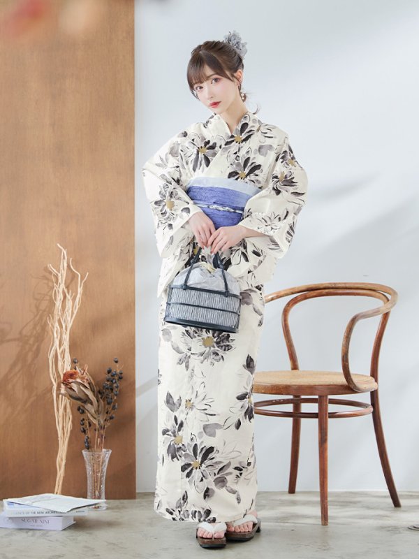 画像4: 【即日発送】水彩風モノトーンフラワー浴衣【浴衣３点セット 浴衣/帯/下駄】[YMT]