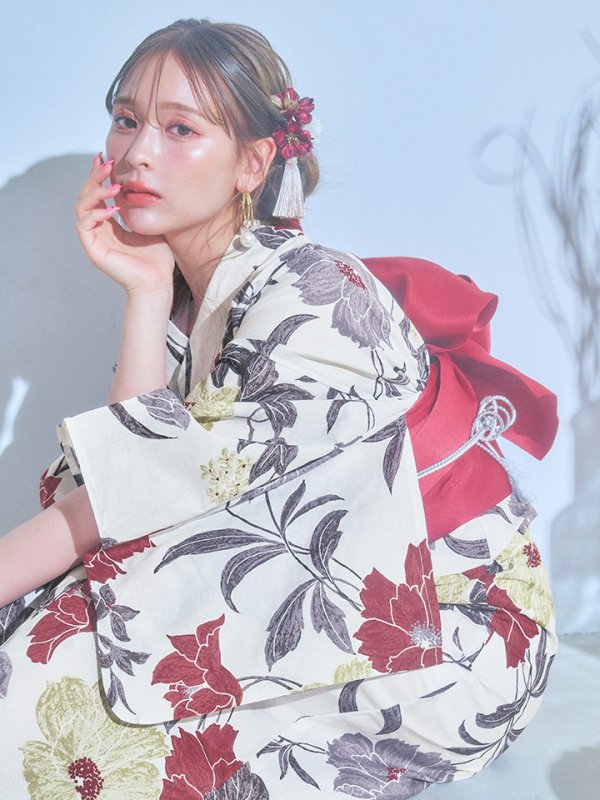 画像5: 【即日発送】レトロモダンフラワー浴衣【浴衣３点セット 浴衣/帯/下駄】[YMT]