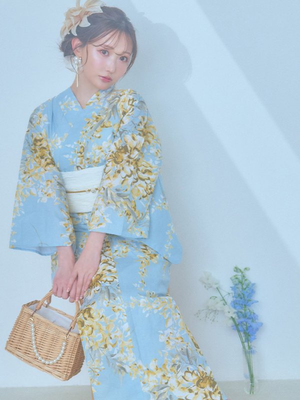 画像11: 【即日発送】ライトブルー×キバナフジ浴衣【浴衣３点セット 浴衣/帯/下駄】[YMT]