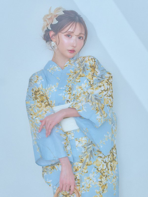 画像3: 【即日発送】ライトブルー×キバナフジ浴衣【浴衣３点セット 浴衣/帯/下駄】[YMT]