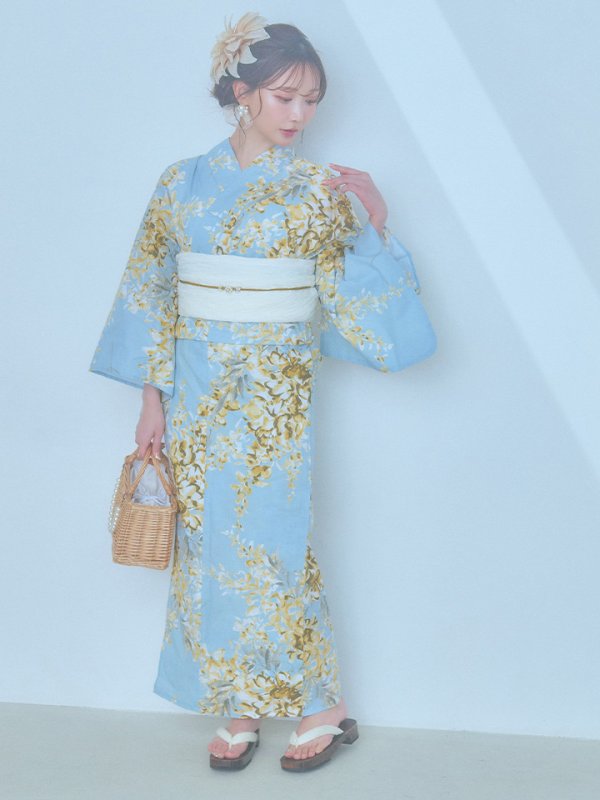 画像5: 【即日発送】ライトブルー×キバナフジ浴衣【浴衣３点セット 浴衣/帯/下駄】[YMT]