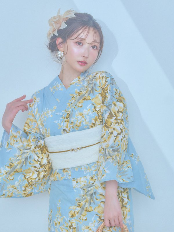 画像7: 【即日発送】ライトブルー×キバナフジ浴衣【浴衣３点セット 浴衣/帯/下駄】[YMT]