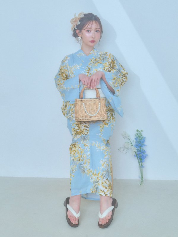 画像9: 【即日発送】ライトブルー×キバナフジ浴衣【浴衣３点セット 浴衣/帯/下駄】[YMT]