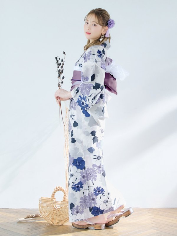 画像4: 【即日発送】パープルフラワー浴衣【浴衣３点セット 浴衣/帯/下駄】[YMT]