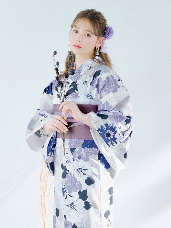 画像1: 【即日発送】パープルフラワー浴衣【浴衣３点セット 浴衣/帯/下駄】[YMT]