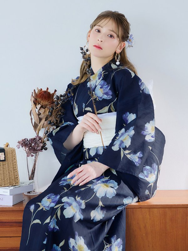 画像1: 【即日発送】ネイビー＆ブルー牡丹浴衣 OBI-siwa-202-ok-5-IV / HIMO-900-yn-5-IV / HEKO-800-sb-5-WH / YA-1025-wk-BL / GETA-02-ok-2-IV [YMT]