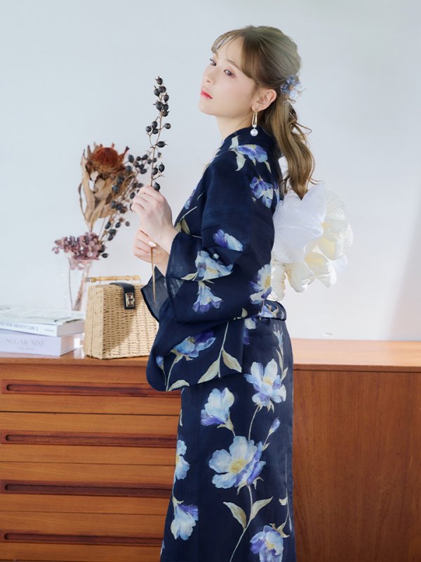 画像10: 【即日発送】ネイビー＆ブルー牡丹浴衣【浴衣３点セット 浴衣/帯/下駄】[YMT]