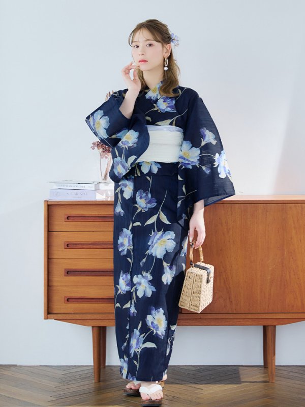 画像14: 【即日発送】ネイビー＆ブルー牡丹浴衣【浴衣３点セット 浴衣/帯/下駄】[YMT]