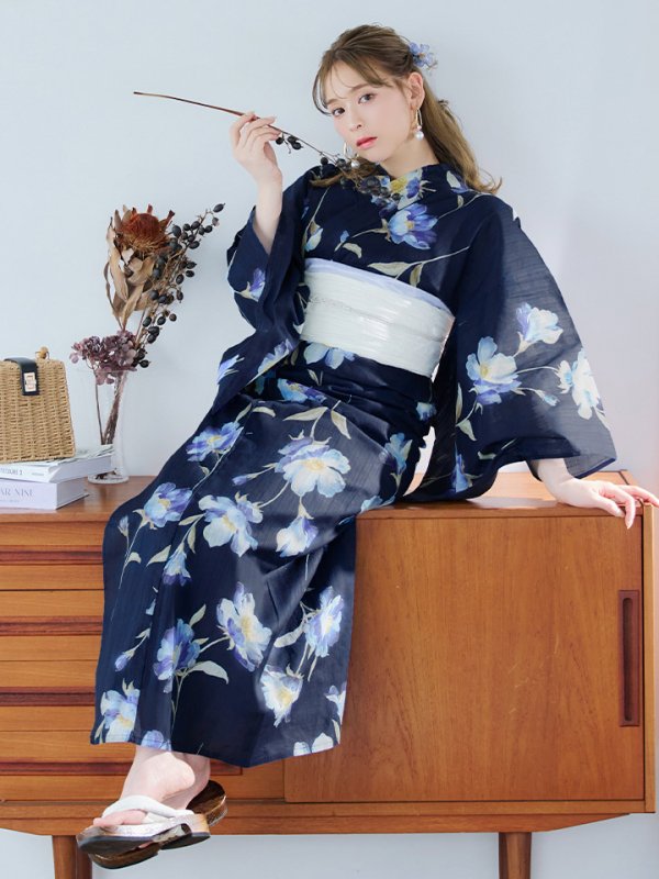 画像3: 【即日発送】ネイビー＆ブルー牡丹浴衣【浴衣３点セット 浴衣/帯/下駄】[YMT]