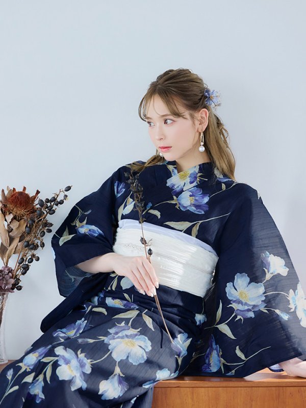 画像6: 【即日発送】ネイビー＆ブルー牡丹浴衣【浴衣３点セット 浴衣/帯/下駄】[YMT]