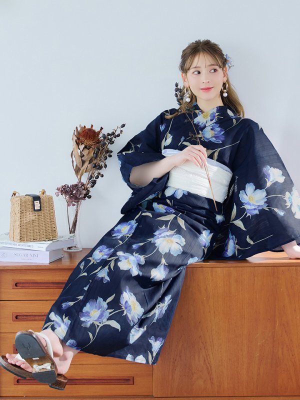 画像9: 【即日発送】ネイビー＆ブルー牡丹浴衣【浴衣３点セット 浴衣/帯/下駄】[YMT]