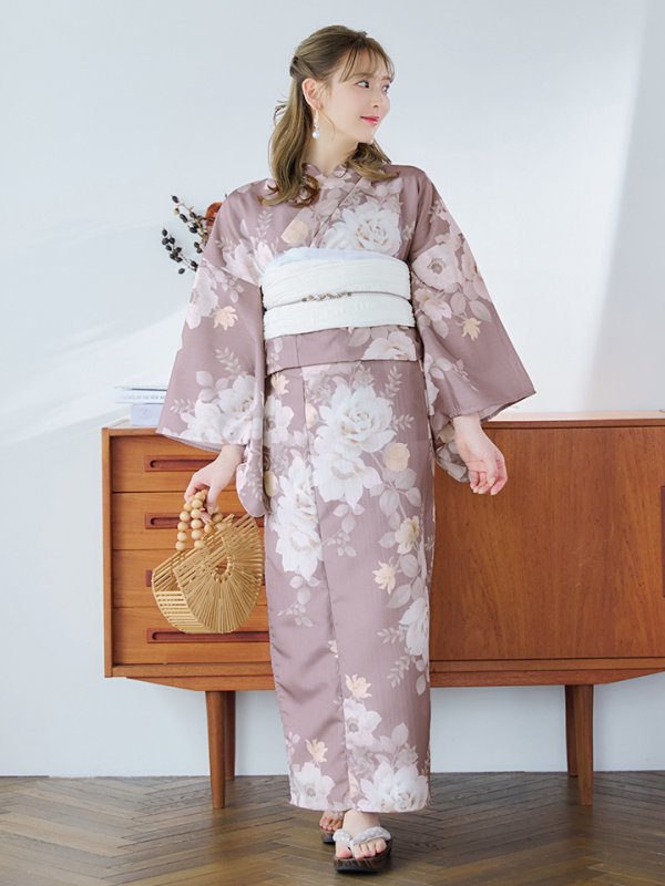 画像2: 【即日発送】ピンクベージュフラワー浴衣【浴衣３点セット 浴衣/帯/下駄】OBI-siwa-202-ok-5-IV / HIMO-900-yn-7-MOC / HEKO-800-sb-5-WH / YA-74-kn-MVPL / GETA-02-ok-4-MOC / [YMT]
