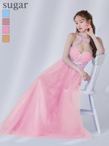 【Lip line/リップライン】フラワー刺繍/ チュール/ ビジュー/ ホルターネック/ フレア/ ロングドレス/ キャバドレス long[HC03]