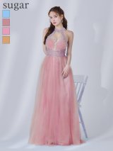【Lip line/リップライン】フラワー刺繍/ チュール/ ビジュー/ ホルターネック/ フレア/ ロングドレス/ キャバドレス long[HC03]