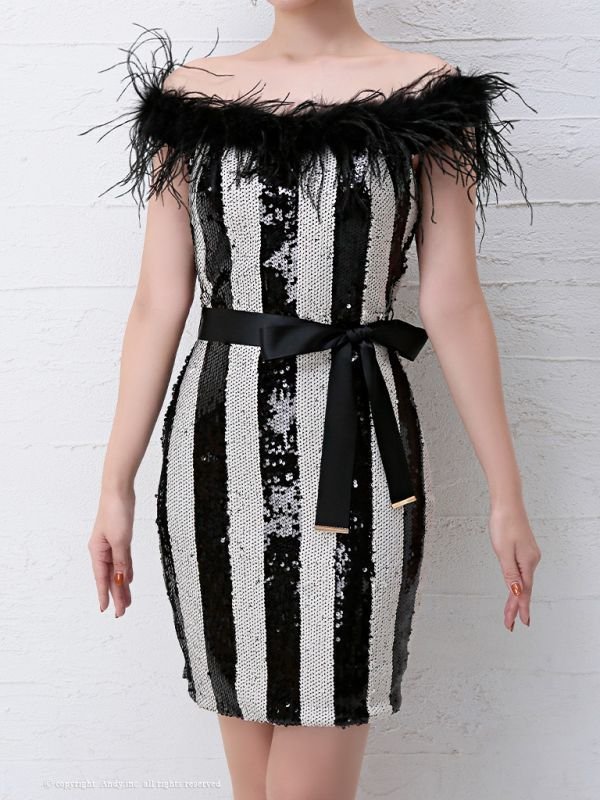 画像9: 【ANDY MAGAZINE VOL.20 COLLECTION 21】ファー/ スパンコール刺繍/ ストライプ/ リボンベルト/ タイト/ ミニドレス/ キャバドレス[OF05]