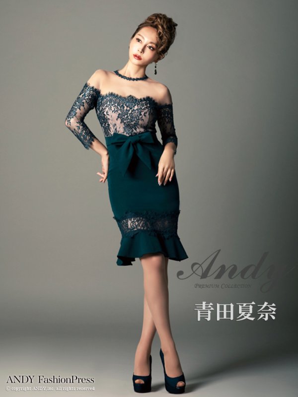 【Andy ANDY Fashion Press 07 COLLECTION 08】七分袖/ 長袖 / 袖あり/ オフショル/ マーメイド/ レース/ タイト/ ミニドレス/ キャバドレス グリーンベージュ