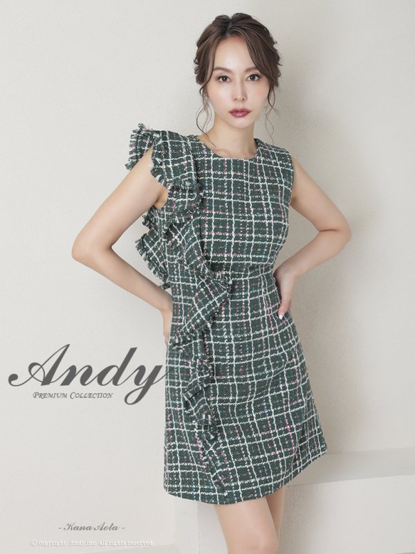 【Andy ANDY Fashion Press 14 COLLECTION 05】ツイード/ チェック柄/ ノースリーブ/ フリル/ 台形スカート/ ワンピース/ ミニドレス/ キャバドレス[OF05]　グリーン
