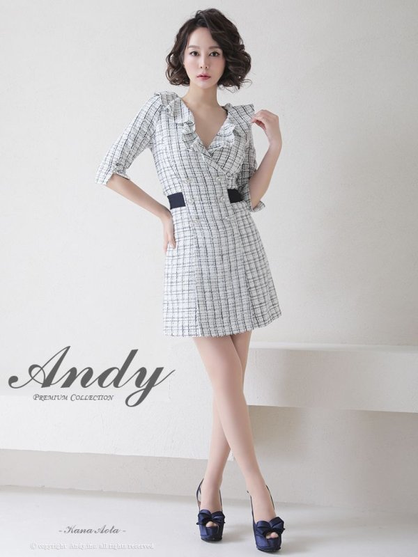画像12: 【Andy ANDY Fashion Press 14 COLLECTION 06】チェックツイード/ 五分袖/ 袖あり/ フリル/ バックリボン/ パールボタン/ ワンピース/ Aライン/ ミニドレス/ キャバドレス[OF05]