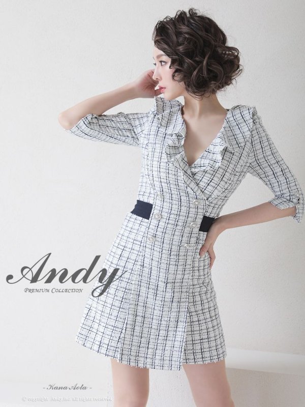 画像2: 【Andy ANDY Fashion Press 14 COLLECTION 06】チェックツイード/ 五分袖/ 袖あり/ フリル/ バックリボン/ パールボタン/ ワンピース/ Aライン/ ミニドレス/ キャバドレス[OF05]