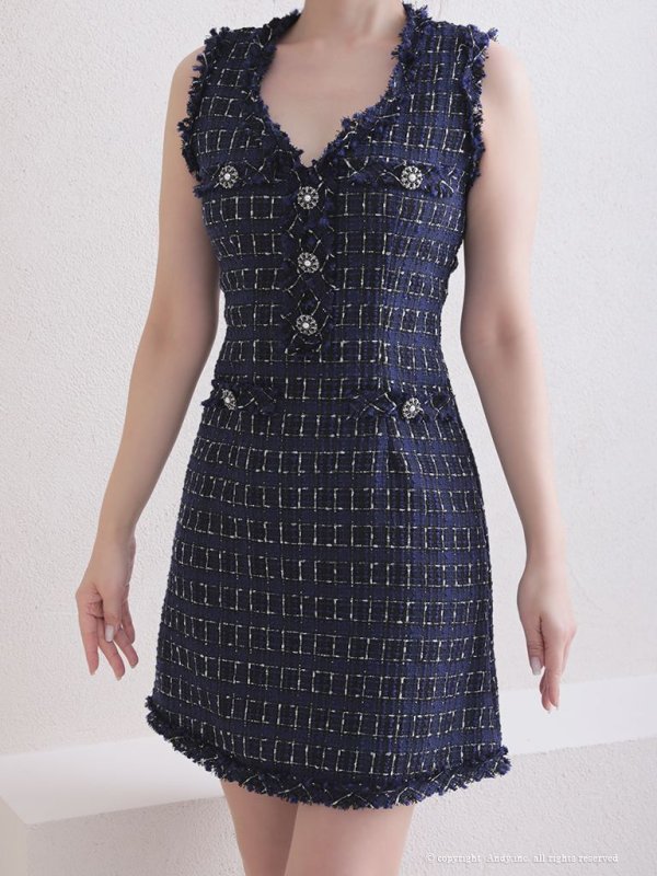 画像28: 【ANDY/アンディ】チェック柄/ ツイード/ フリンジ/ ノースリーブ/ 台形スカート/ フレア/ ワンピース/ ミニドレス/ キャバドレス[OF05]