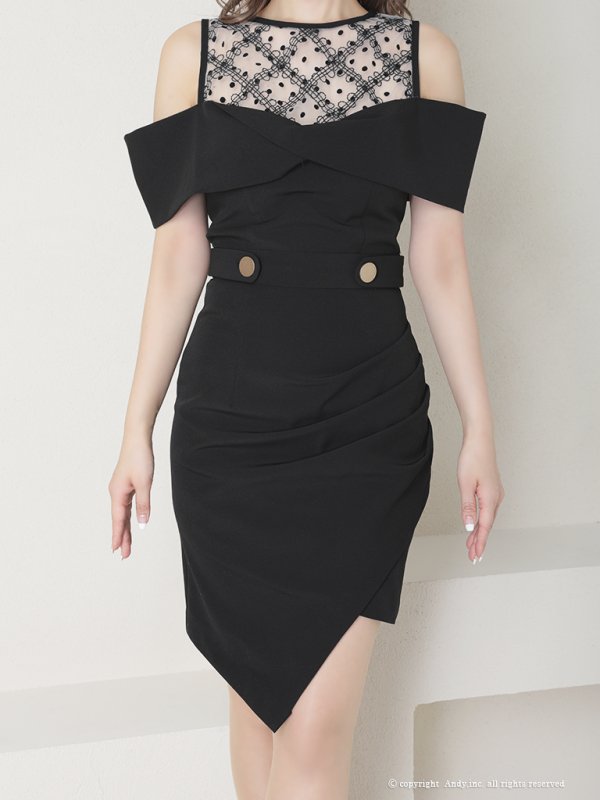 画像13: 【ANDY/アンディ】ドットレース/ オフショルダー/ タック/ タイト/ アシンメトリー/ 膝丈/ ミディアムドレス/ ミニドレス/ キャバドレス[FB03]