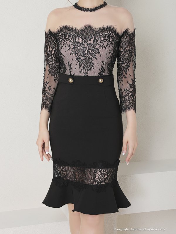 画像5: 【Andy /アンディ】オフショル/ レース切替 / マーメイド/ 袖あり/ 七部袖/ 膝丈/ タイト/ ミディアムドレス/ キャバドレス[OF05]