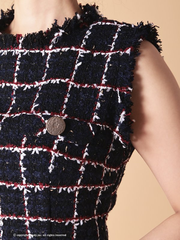 画像22: Lサイズあり【ANDY/アンディ】ツイード/ ボタン/ ポケット風デザイン/ フリンジ/ ノースリーブ/ フレア/ ミニドレス/ キャバドレス[OF05]