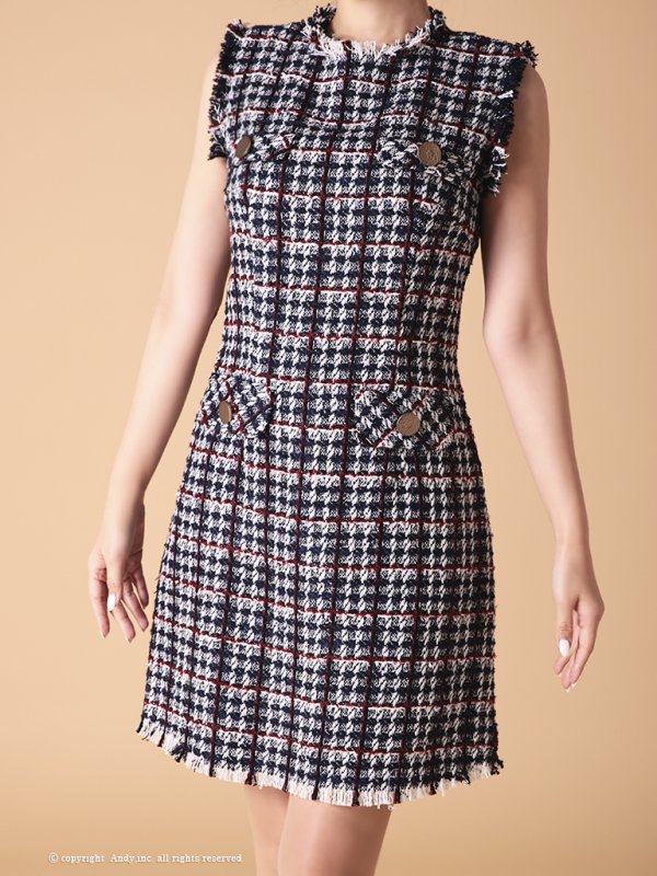 画像13: Lサイズあり【ANDY/アンディ】ツイード/ ボタン/ ポケット風デザイン/ フリンジ/ ノースリーブ/ フレア/ ミニドレス/ キャバドレス[OF05]