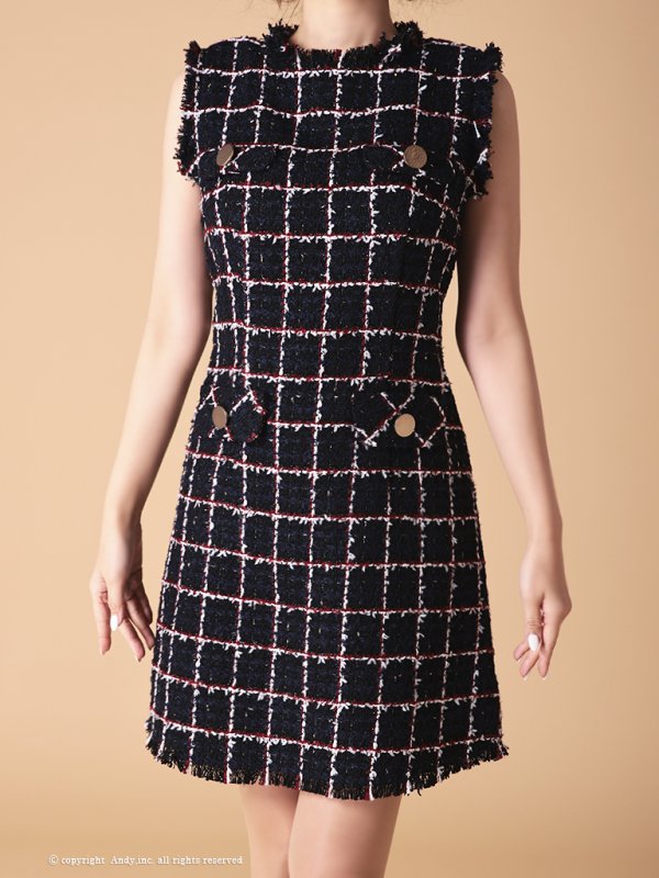 画像21: Lサイズあり【ANDY/アンディ】ツイード/ ボタン/ ポケット風デザイン/ フリンジ/ ノースリーブ/ フレア/ ミニドレス/ キャバドレス[OF05]