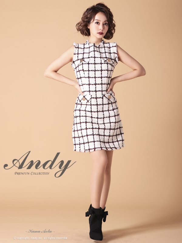画像2: Lサイズあり【ANDY/アンディ】ツイード/ ボタン/ ポケット風デザイン/ フリンジ/ ノースリーブ/ フレア/ ミニドレス/ キャバドレス[OF05]