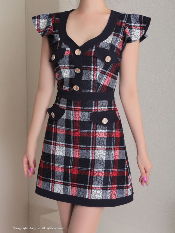画像5: 【ANDY/アンディ】チェック/ 袖フリル/ レース/ ボタン/ ワンピース/ タイト/ ミニドレス/ キャバドレス[OF05]