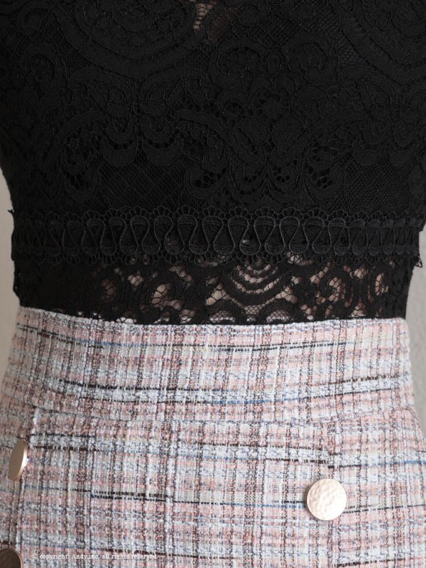 画像18: 【ANDY/アンディ】レース/ ハイネック/ 切替デザイン/ 袖あり/ 長袖/ ツイード/ チェック/ Aライン/ ミニドレス/ キャバドレス[OF05]