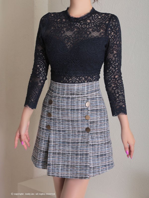 画像5: 【ANDY/アンディ】レース/ ハイネック/ 切替デザイン/ 袖あり/ 長袖/ ツイード/ チェック/ Aライン/ ミニドレス/ キャバドレス[OF05]