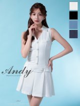 XSサイズあり【ANDY/アンディ】ワンカラー/ ビジューボタン/ 襟付き/ ノースリーブ/ Vネック/ ボックスプリーツ/ フレア/ ミニドレス/ キャバドレス[OF05]