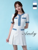 XSサイズあり【ANDY/アンディ】デニム/ フリンジ/ ボタン/ バイカラー/ ハーフスリーブ/ 袖あり/ ボックスプリーツ/ フレア/ ミニドレス/ キャバドレス[OF05]