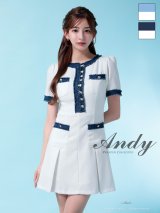 XSサイズあり【ANDY/アンディ】デニム/ フリンジ/ ボタン/ バイカラー/ ハーフスリーブ/ 袖あり/ ボックスプリーツ/ フレア/ ミニドレス/ キャバドレス[OF05]