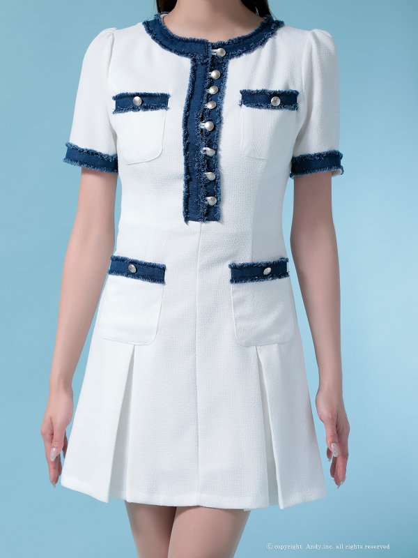 画像4: XSサイズあり【ANDY/アンディ】デニム/ フリンジ/ ボタン/ バイカラー/ ハーフスリーブ/ 袖あり/ ボックスプリーツ/ フレア/ ミニドレス/ キャバドレス[OF05]