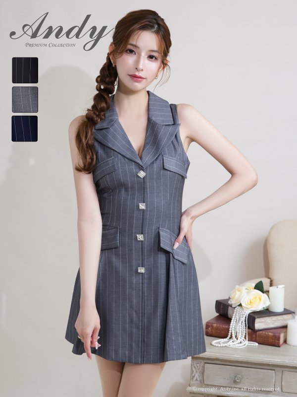 画像7: XSサイズあり【ANDY/アンディ】襟付き/ ストライプ/ ビジューボタン/ ノースリーブ/ Vネック/ フレア/ ミニドレス/ キャバドレス[OF05]