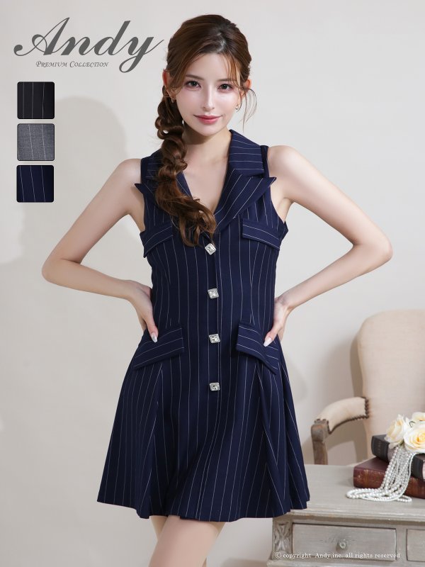 画像1: XSサイズあり【ANDY/アンディ】襟付き/ ストライプ/ ビジューボタン/ ノースリーブ/ Vネック/ フレア/ ミニドレス/ キャバドレス[OF05]