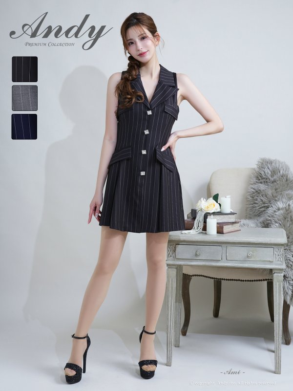 画像17: XSサイズあり【ANDY/アンディ】襟付き/ ストライプ/ ビジューボタン/ ノースリーブ/ Vネック/ フレア/ ミニドレス/ キャバドレス[OF05]
